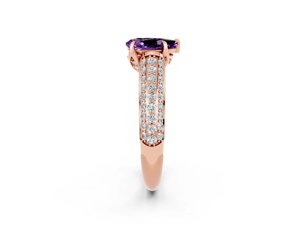Rose gold Pear Cut Amethyst Solitaire Ring with Three-Row Pavé Band and Four-Prong Setting