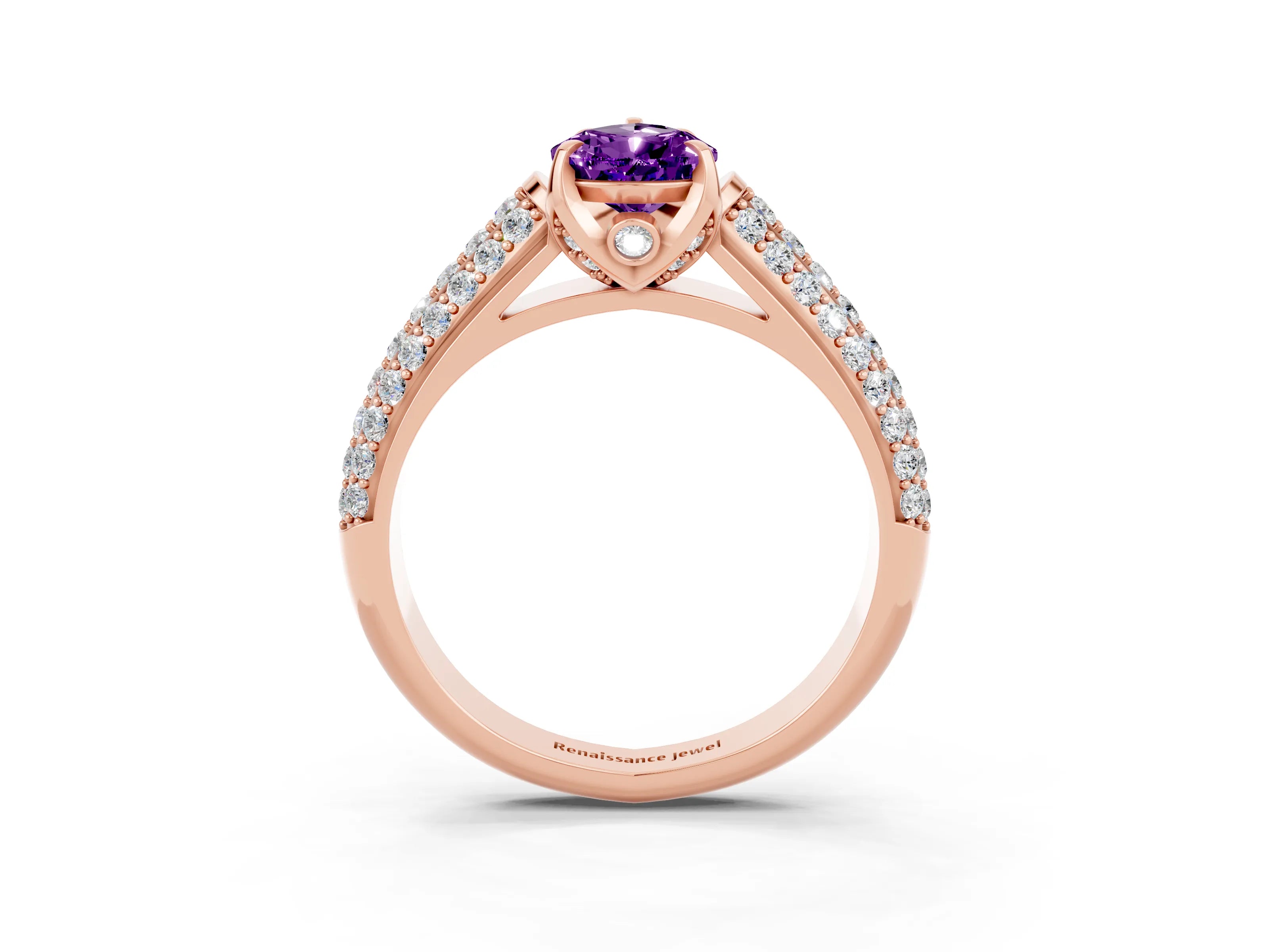 Rose gold Pear Cut Amethyst Solitaire Ring with Three-Row Pavé Band and Four-Prong Setting_15