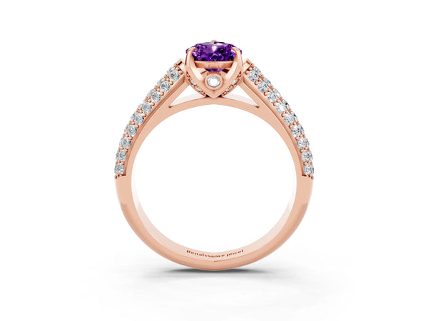 Rose gold Pear Cut Amethyst Solitaire Ring with Three-Row Pavé Band and Four-Prong Setting