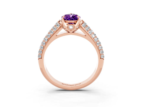 Rose gold Pear Cut Amethyst Solitaire Ring with Three-Row Pavé Band and Four-Prong Setting_15