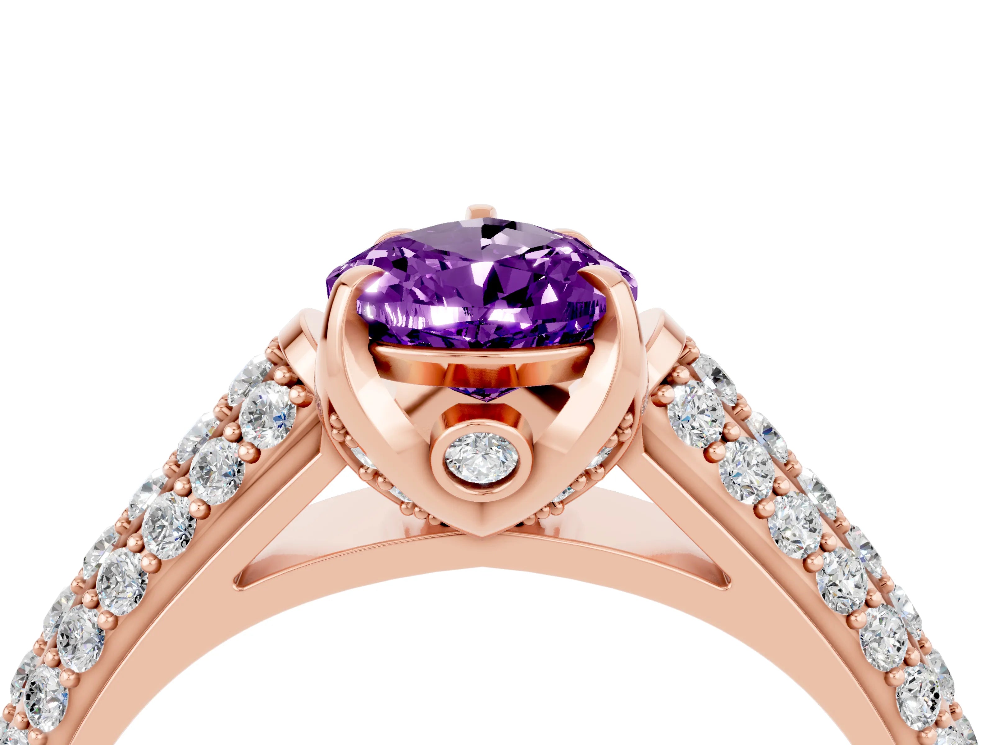 Rose gold Pear Cut Amethyst Solitaire Ring with Three-Row Pavé Band and Four-Prong Setting_16
