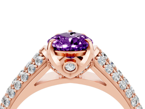 Rose gold Pear Cut Amethyst Solitaire Ring with Three-Row Pavé Band and Four-Prong Setting_16