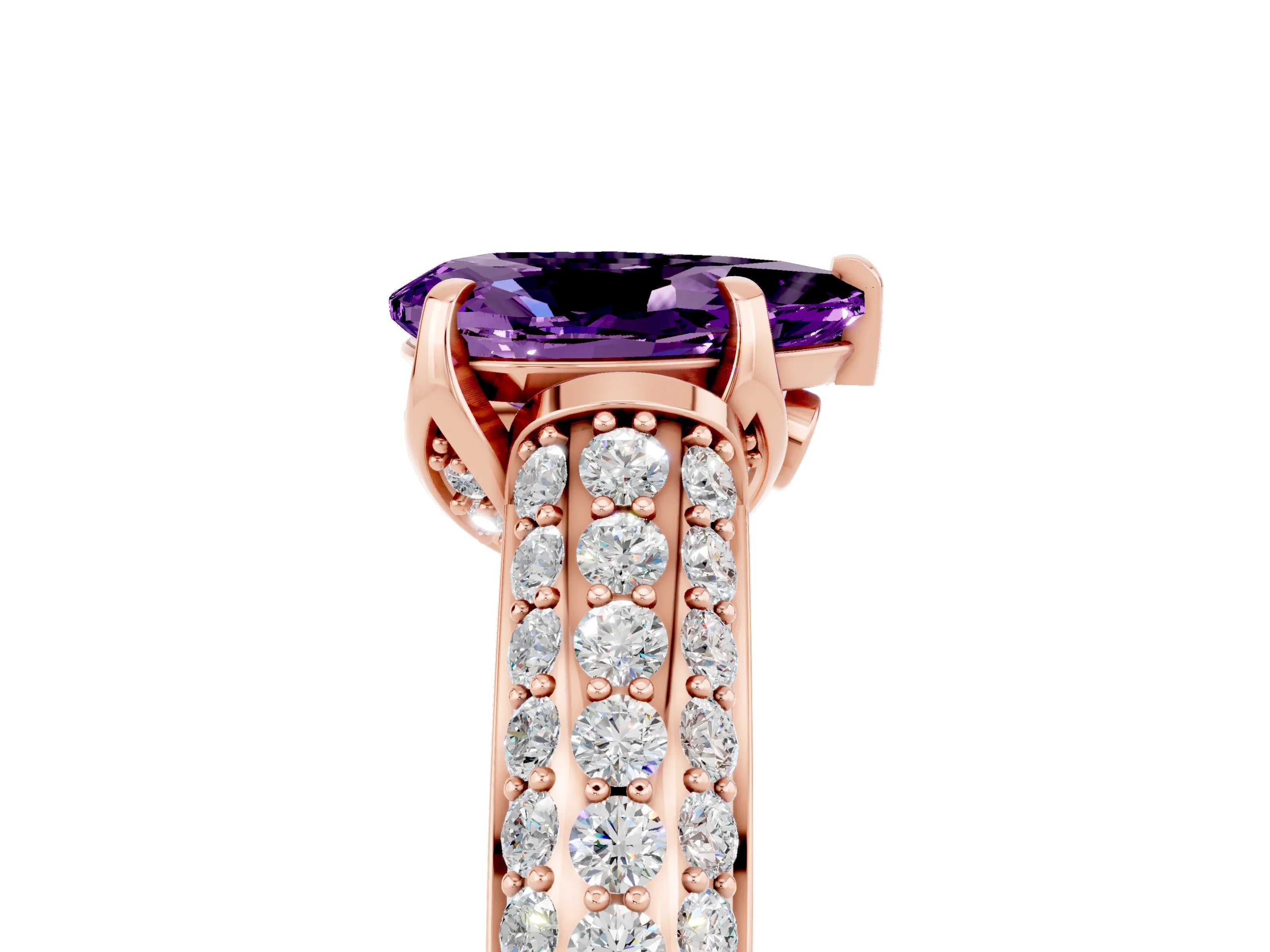 Rose gold Pear Cut Amethyst Solitaire Ring with Three-Row Pavé Band and Four-Prong Setting_17