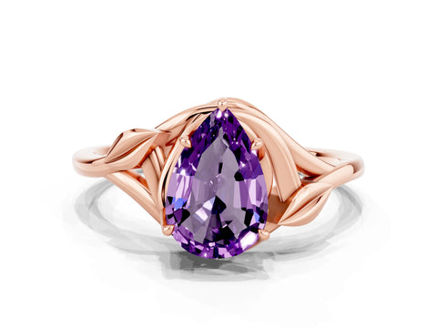 Rose gold Pear Cut Amethyst Solitaire Ring with Twist Band and Four-Prong Setting_24