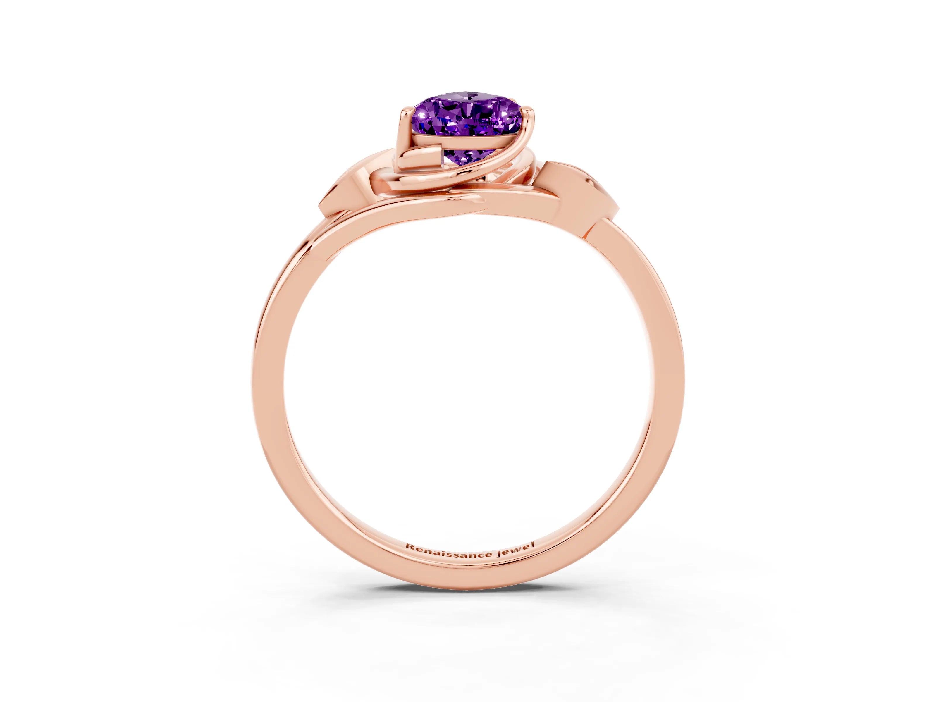 Rose gold Pear Cut Amethyst Solitaire Ring with Twist Band and Four-Prong Setting_27