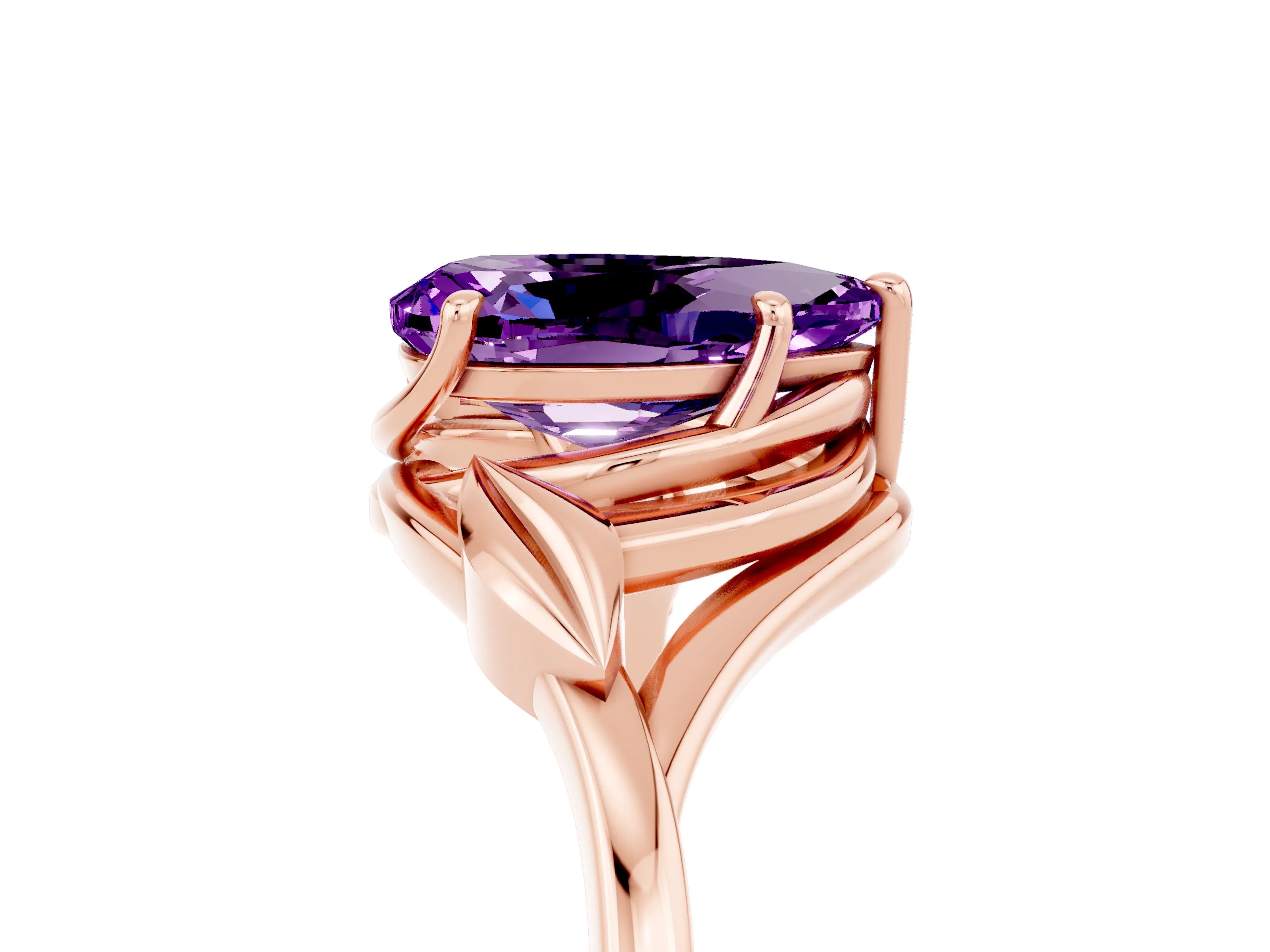 Rose gold Pear Cut Amethyst Solitaire Ring with Twist Band and Four-Prong Setting_29