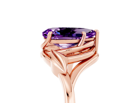Rose gold Pear Cut Amethyst Solitaire Ring with Twist Band and Four-Prong Setting_29