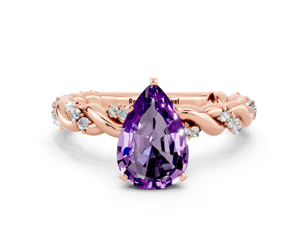 Rose gold Pear Cut Amethyst Solitaire Ring with Twisted Band and Pavé Accents