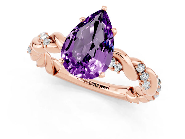 Rose gold Pear Cut Amethyst Solitaire Ring with Twisted Band and Pavé Accents