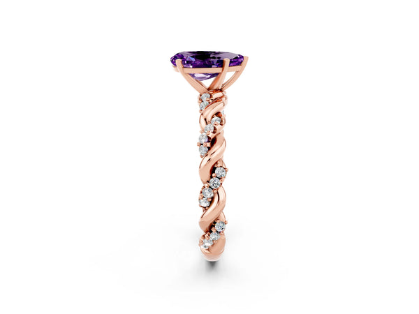 Rose gold Pear Cut Amethyst Solitaire Ring with Twisted Band and Pavé Accents