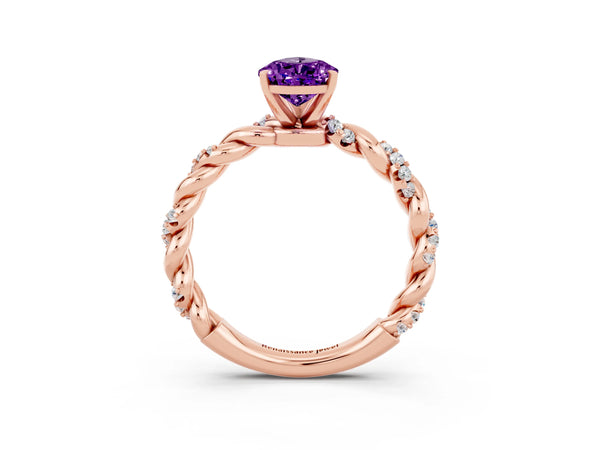 Rose gold Pear Cut Amethyst Solitaire Ring with Twisted Band and Pavé Accents