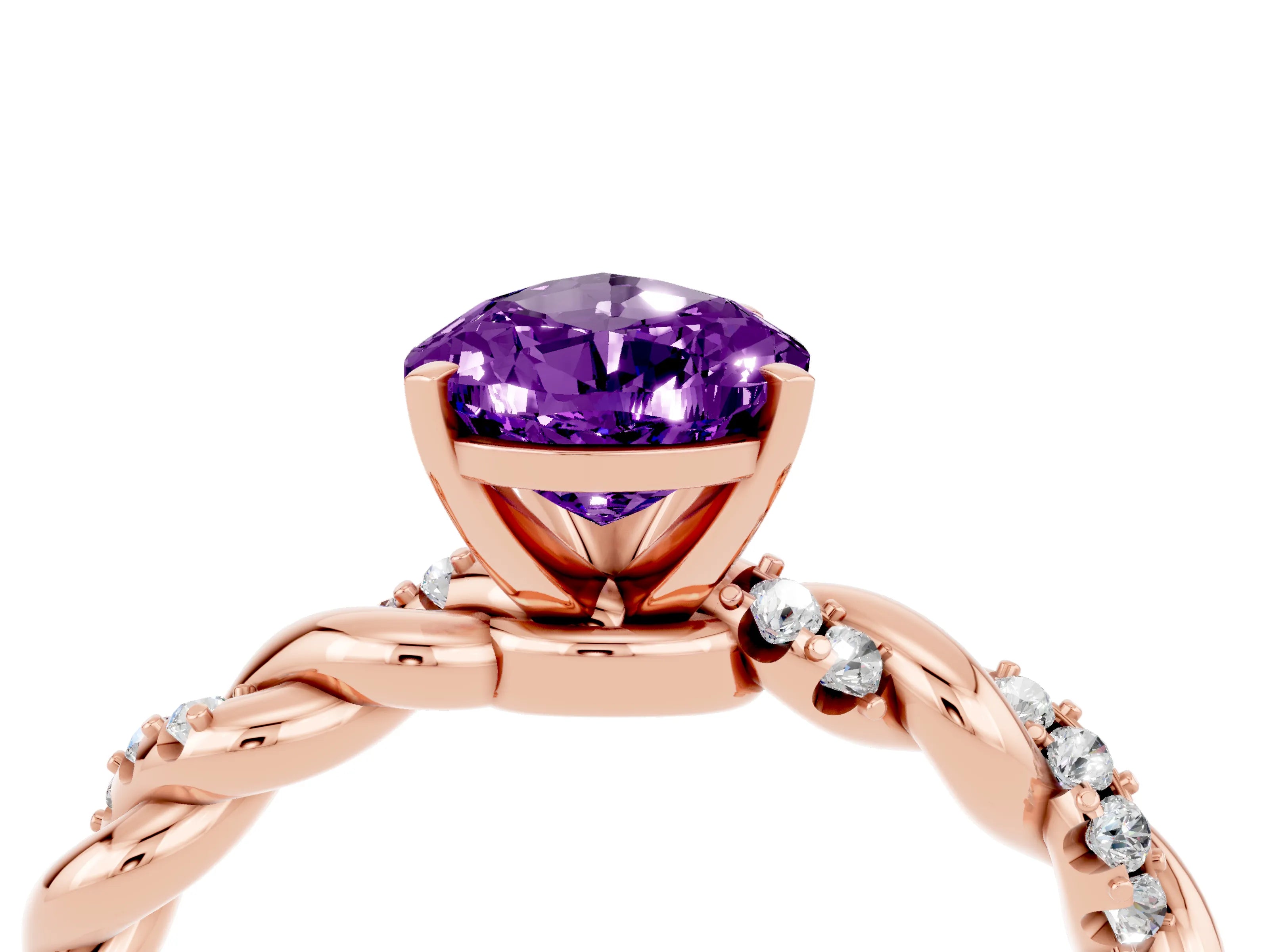 Rose gold Pear Cut Amethyst Solitaire Ring with Twisted Band and Pavé Accents_4
