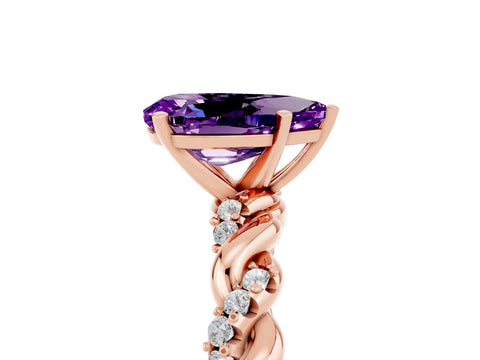 Rose gold Pear Cut Amethyst Solitaire Ring with Twisted Band and Pavé Accents_5