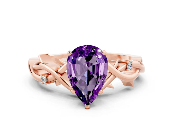 Rose gold Pear Cut Amethyst Solitaire Ring with Twisted Band and Prong Setting