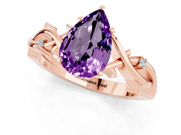 Rose gold Pear Cut Amethyst Solitaire Ring with Twisted Band and Prong Setting