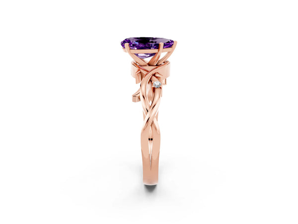 Rose gold Pear Cut Amethyst Solitaire Ring with Twisted Band and Prong Setting
