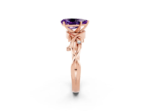 Rose gold Pear Cut Amethyst Solitaire Ring with Twisted Band and Prong Setting_2
