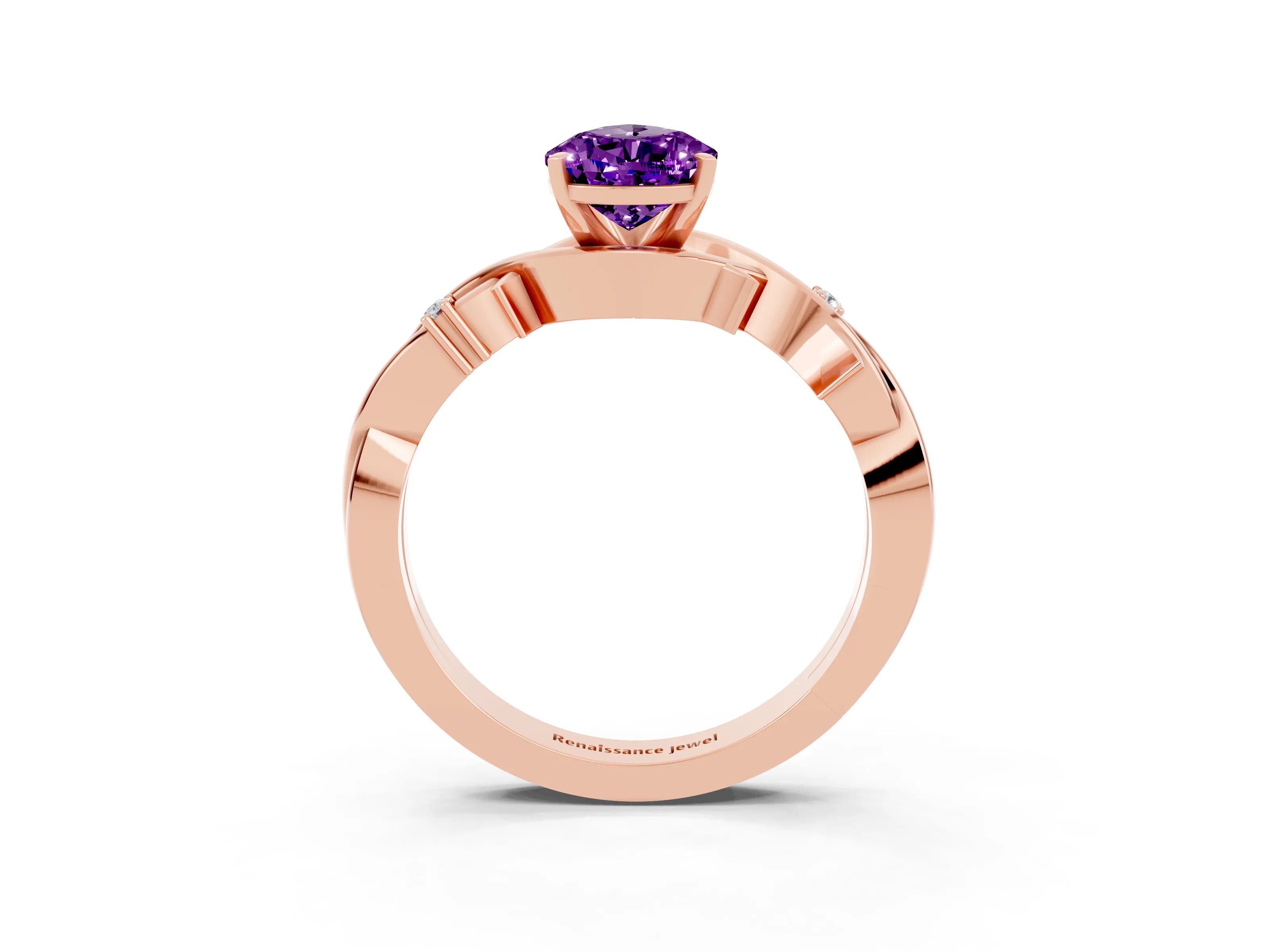 Rose gold Pear Cut Amethyst Solitaire Ring with Twisted Band and Prong Setting_3