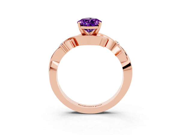 Rose gold Pear Cut Amethyst Solitaire Ring with Twisted Band and Prong Setting