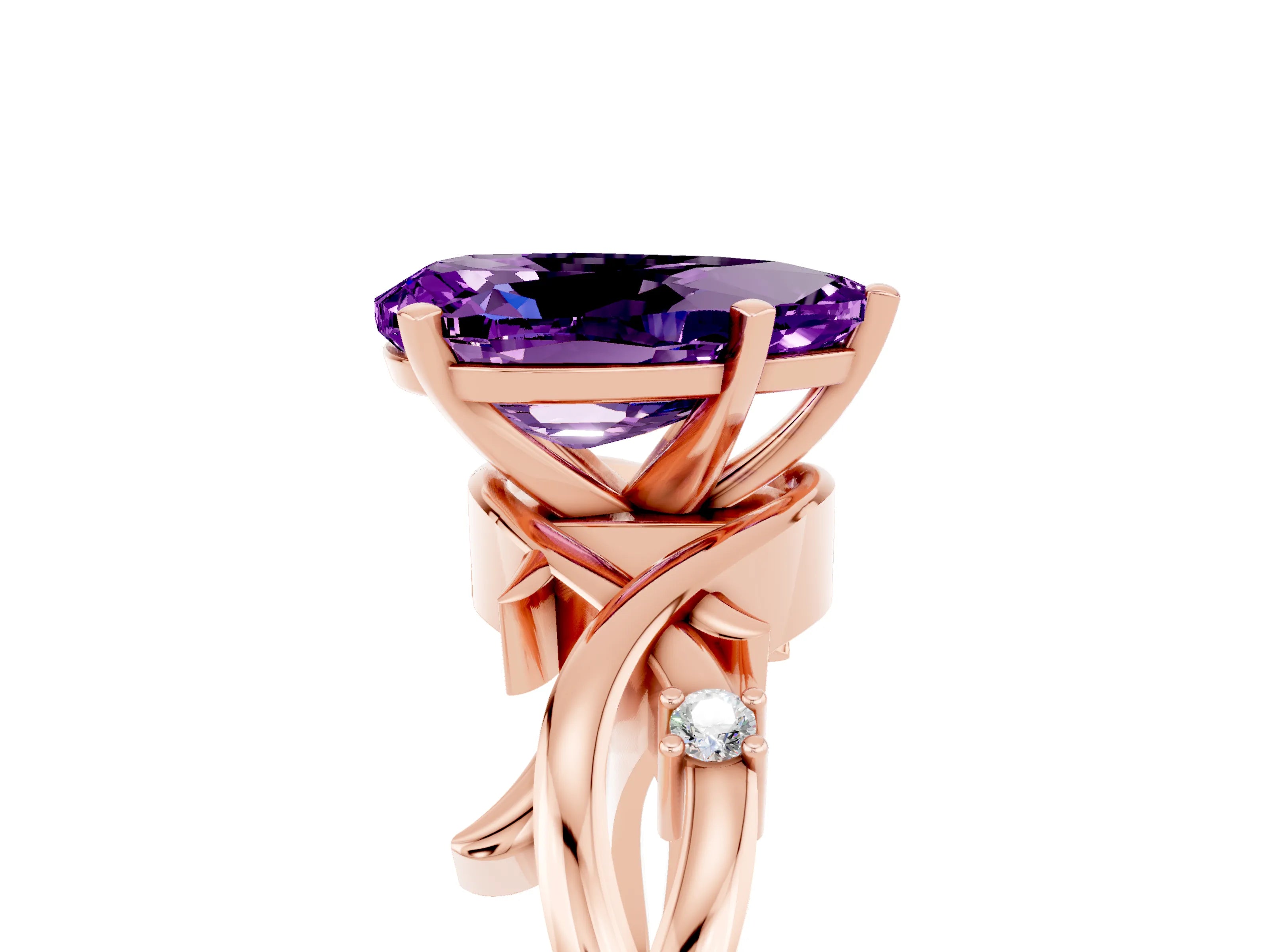 Rose gold Pear Cut Amethyst Solitaire Ring with Twisted Band and Prong Setting_5