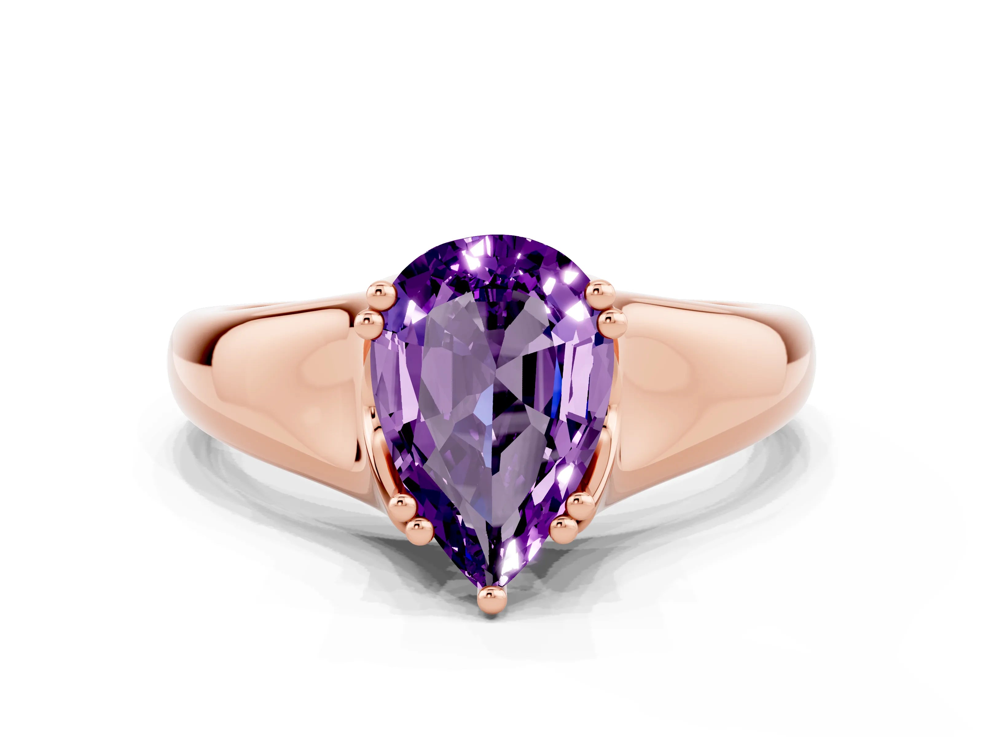 Rose gold Pear Cut Amethyst Solitaire Ring with Wide Band and Prong Setting