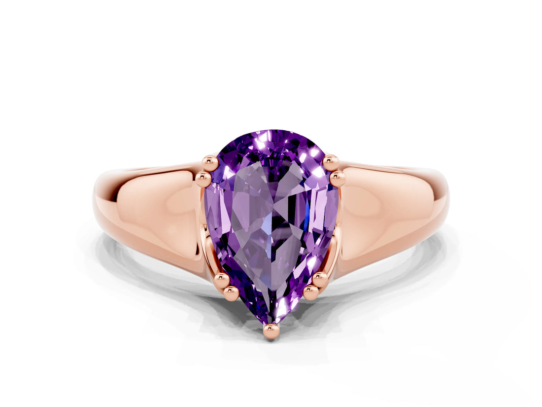 Rose gold Pear Cut Amethyst Solitaire Ring with Wide Band and Prong Setting