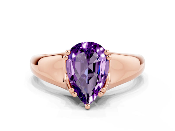 Rose gold Pear Cut Amethyst Solitaire Ring with Wide Band and Prong Setting