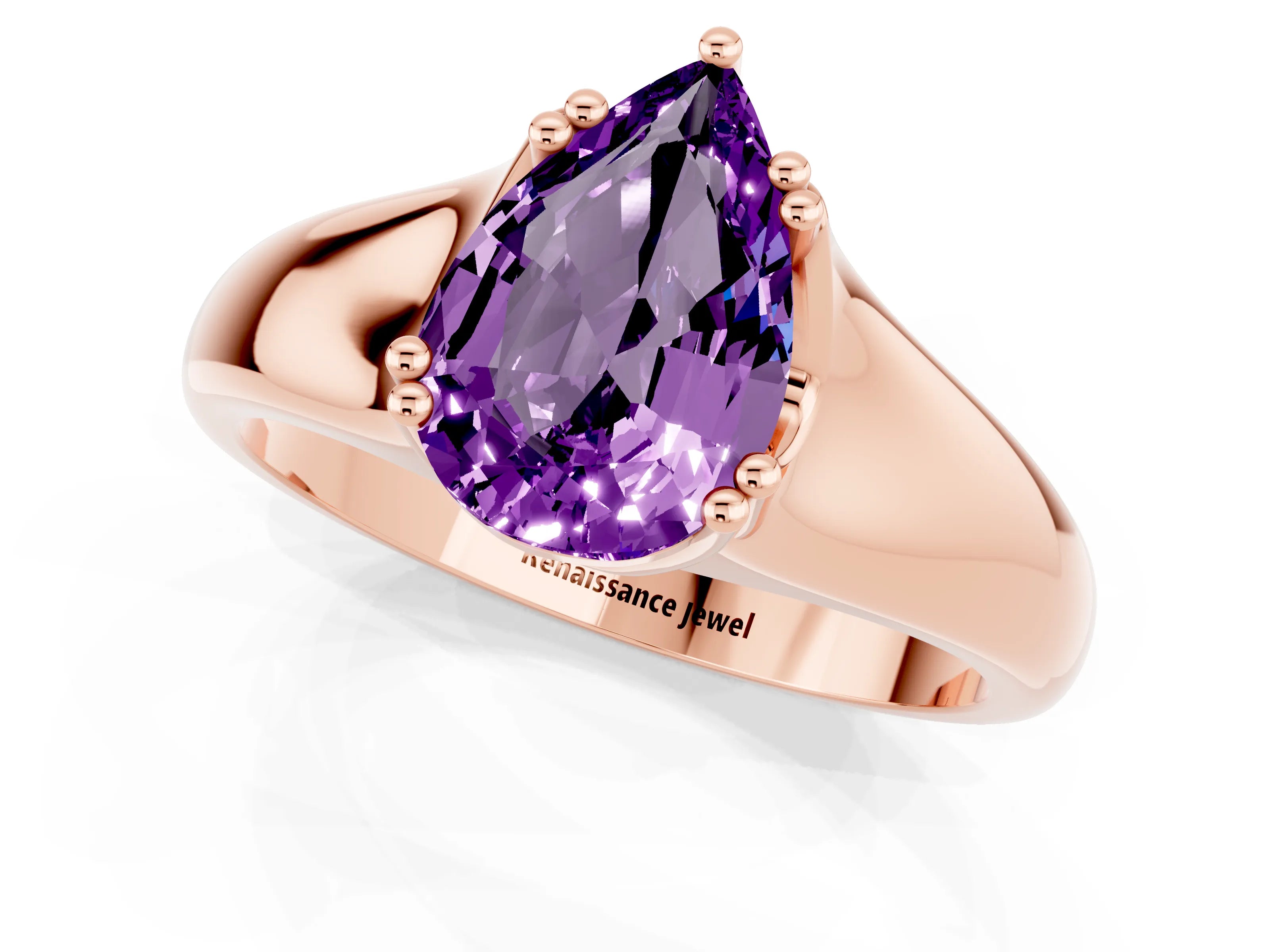 Rose gold Pear Cut Amethyst Solitaire Ring with Wide Band and Prong Setting_1
