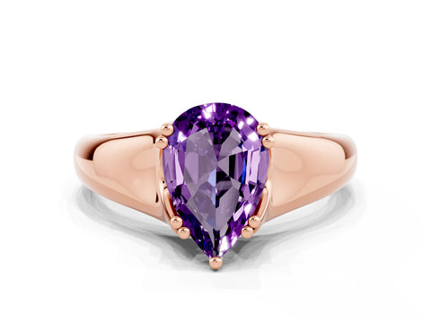 Rose gold Pear Cut Amethyst Solitaire Ring with Wide Band and Prong Setting
