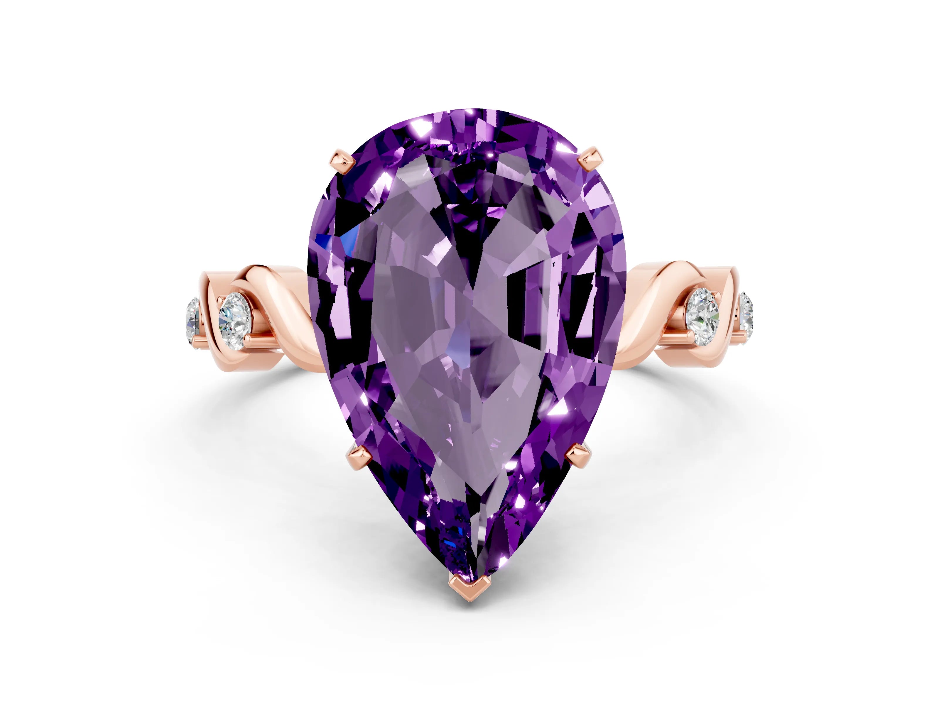 Rose gold Pear Cut Amethyst Solitaire Twisted Band with Round  Accents and Prong Setting_22