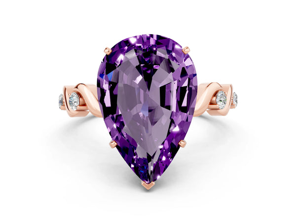 Rose gold Pear Cut Amethyst Solitaire Twisted Band with Round  Accents and Prong Setting