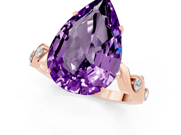 Rose gold Pear Cut Amethyst Solitaire Twisted Band with Round  Accents and Prong Setting