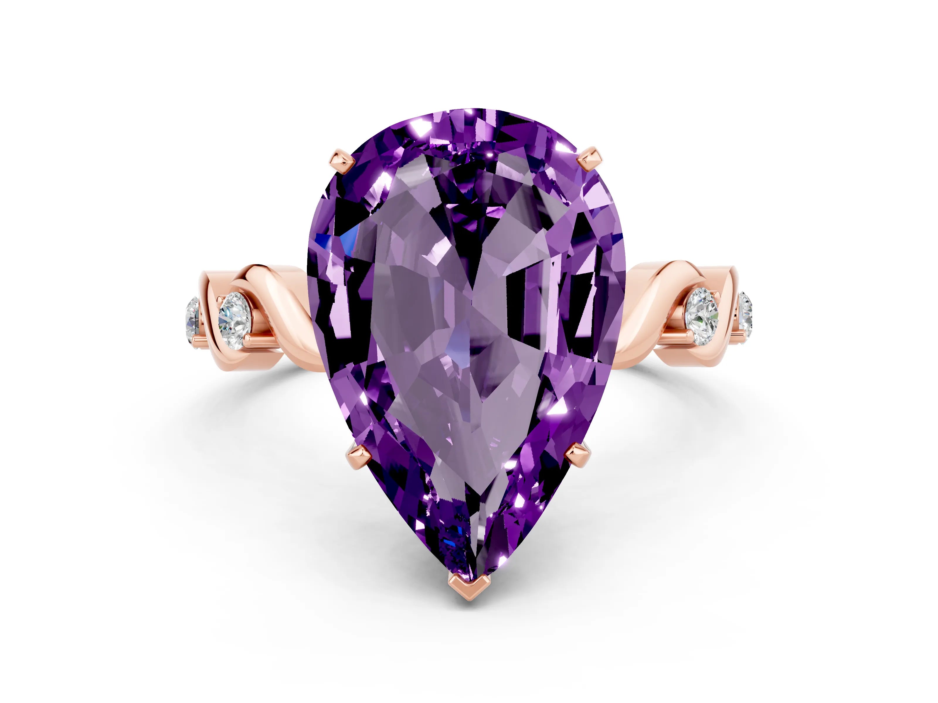 Rose gold Pear Cut Amethyst Solitaire Twisted Band with Round  Accents and Prong Setting_37