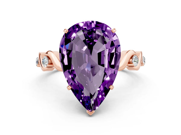 Rose gold Pear Cut Amethyst Solitaire Twisted Band with Round  Accents and Prong Setting