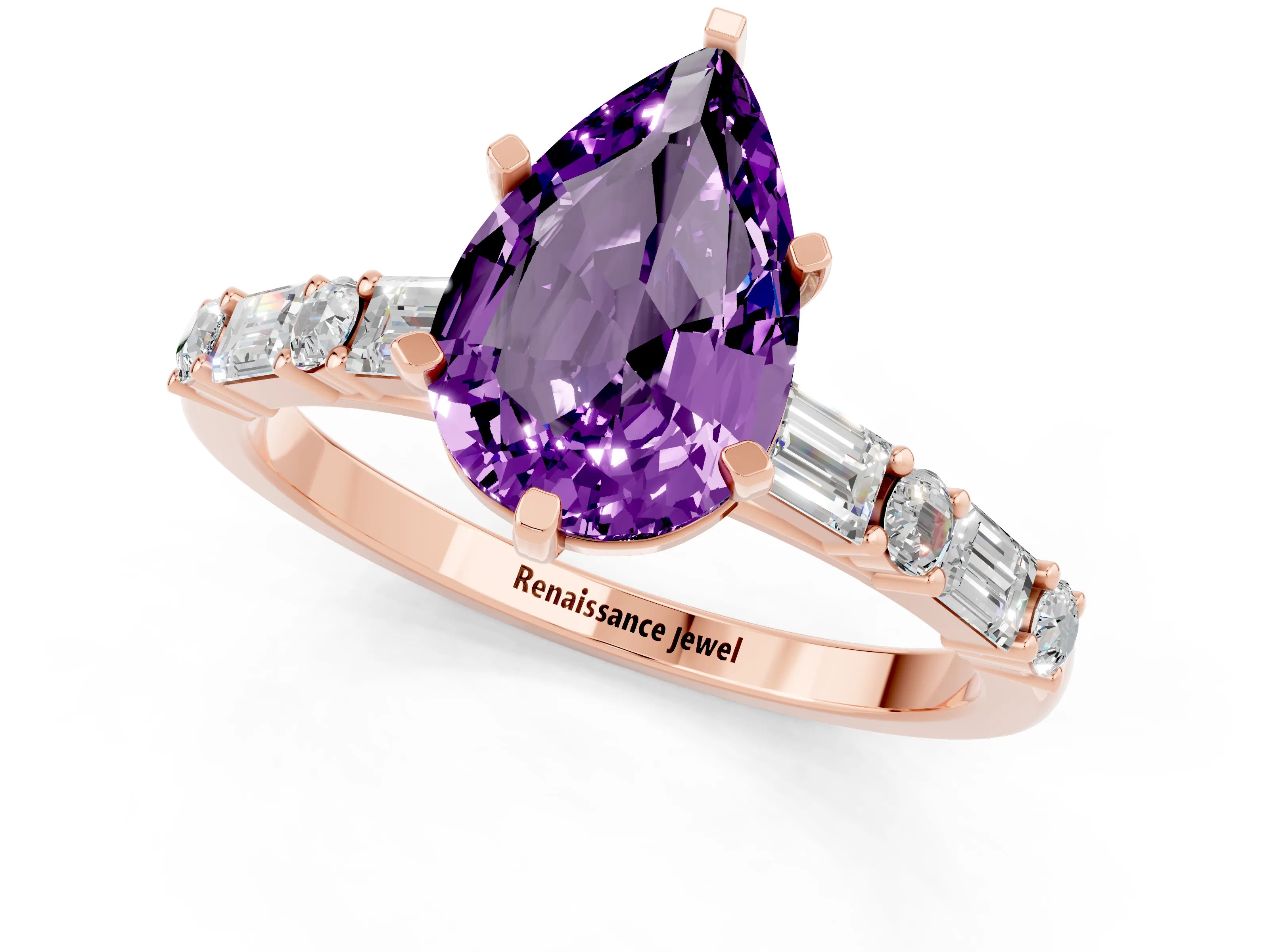 Rose gold Pear Cut Amethyst Solitaire with Side Baguettes and Channel Set Band_1