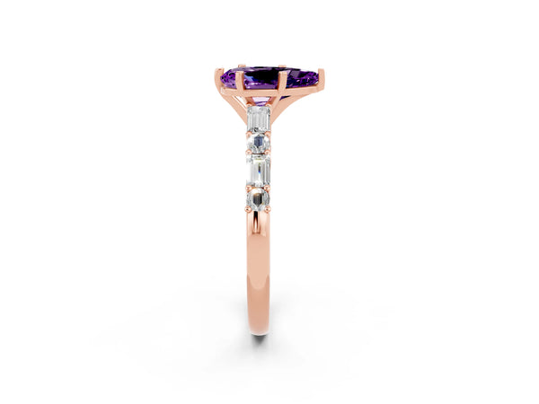 Rose gold Pear Cut Amethyst Solitaire with Side Baguettes and Channel Set Band