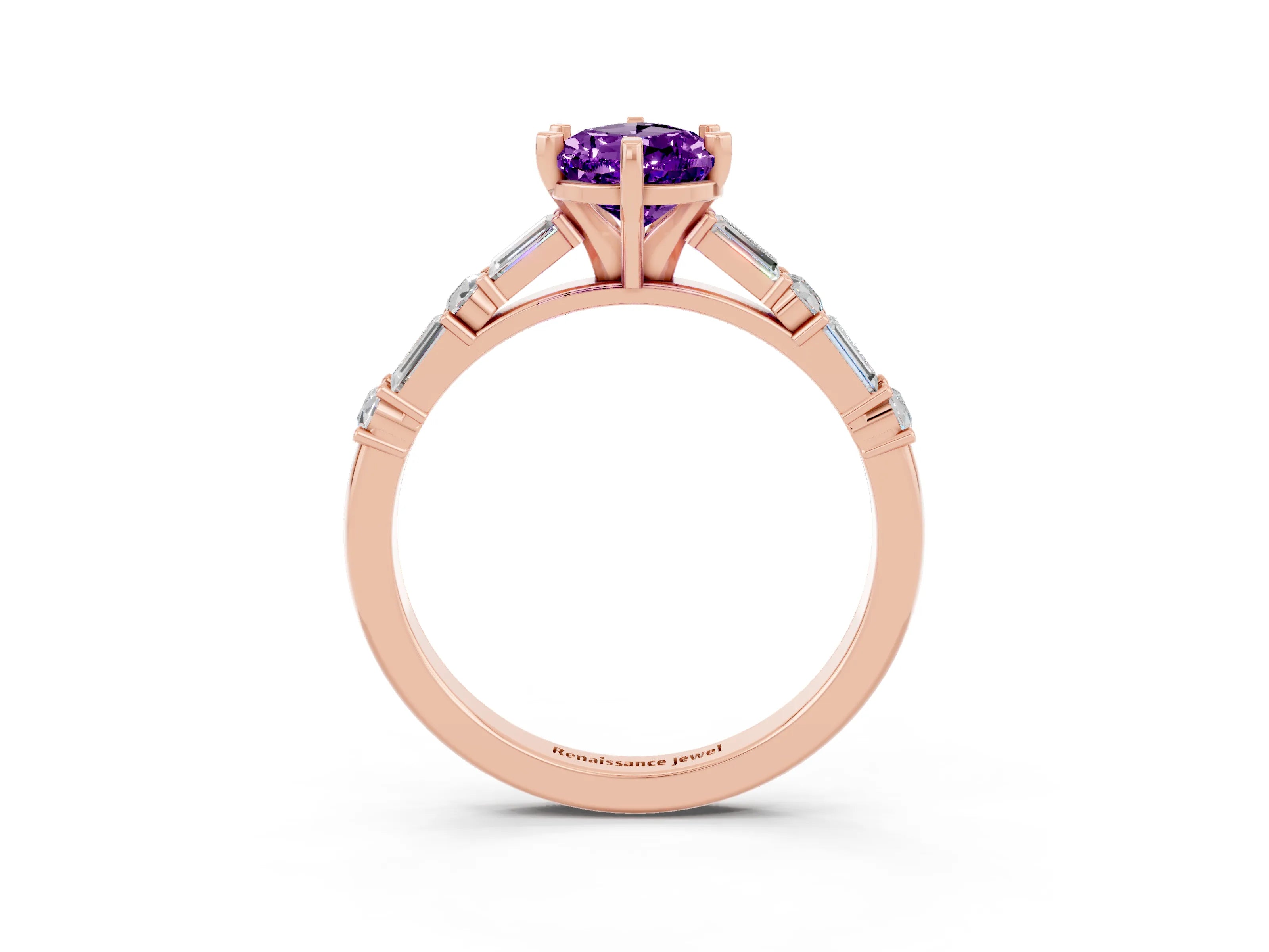 Rose gold Pear Cut Amethyst Solitaire with Side Baguettes and Channel Set Band_3