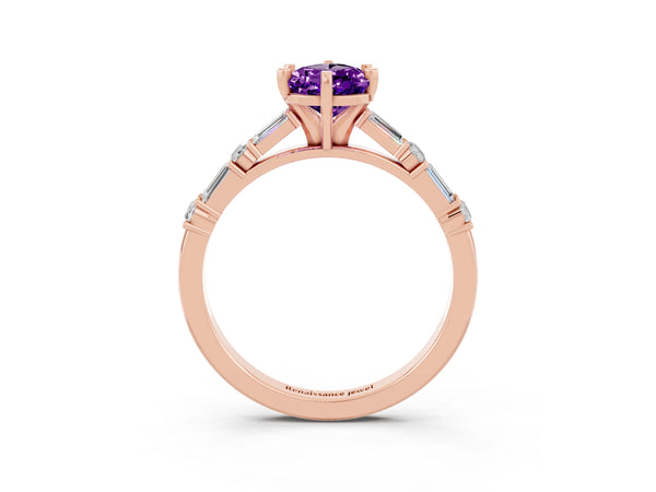 Rose gold Pear Cut Amethyst Solitaire with Side Baguettes and Channel Set Band