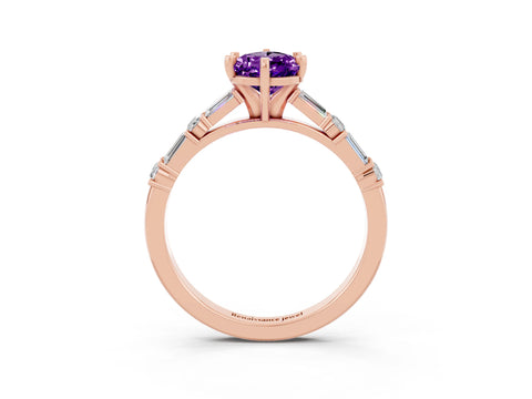 Rose gold Pear Cut Amethyst Solitaire with Side Baguettes and Channel Set Band_3