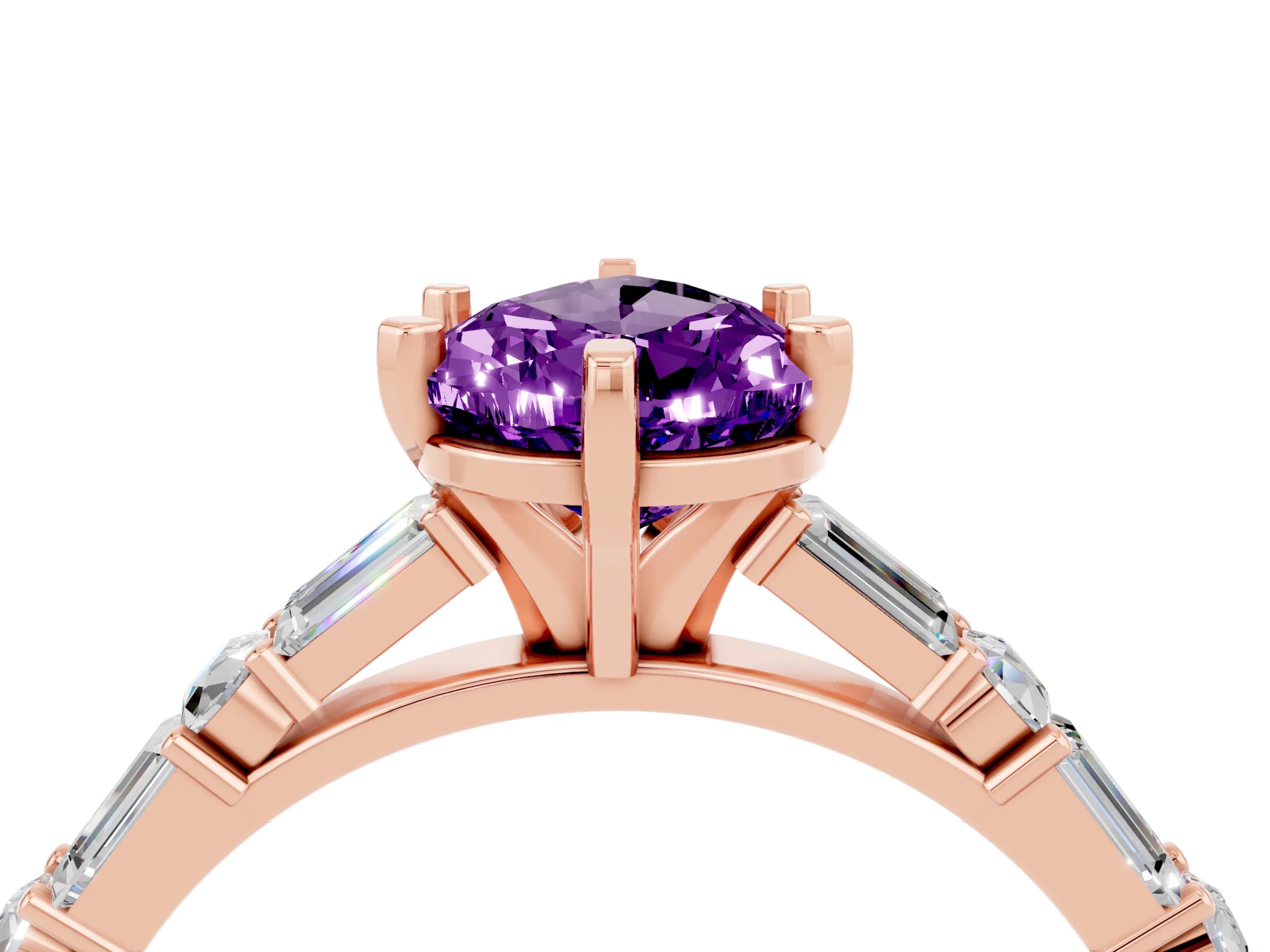 Rose gold Pear Cut Amethyst Solitaire with Side Baguettes and Channel Set Band_4