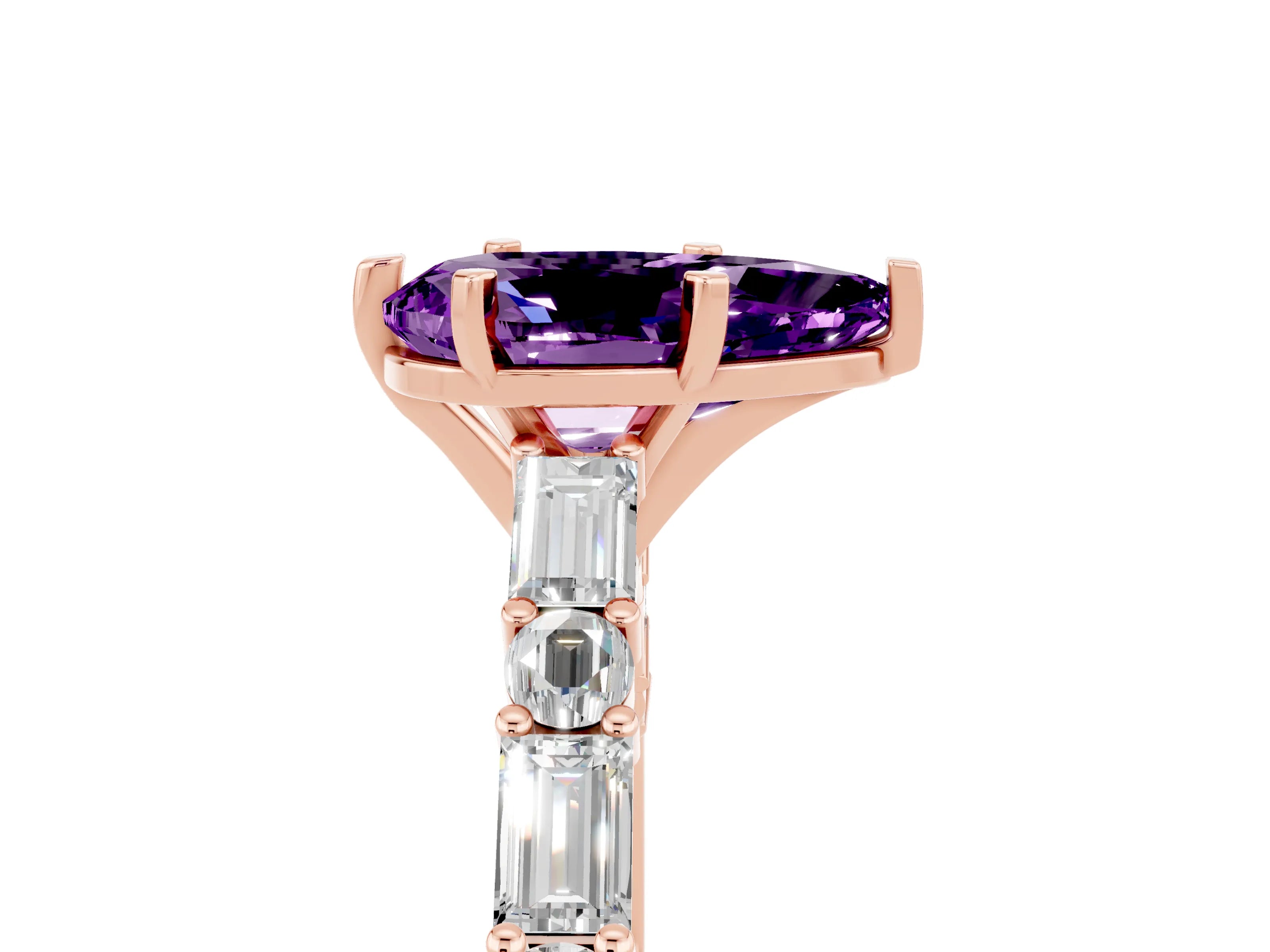 Rose gold Pear Cut Amethyst Solitaire with Side Baguettes and Channel Set Band_5