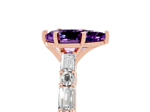 Rose gold Pear Cut Amethyst Solitaire with Side Baguettes and Channel Set Band_5