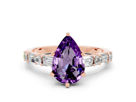 Rose gold Pear Cut Amethyst Solitaire with Side Baguettes and Channel Set Band