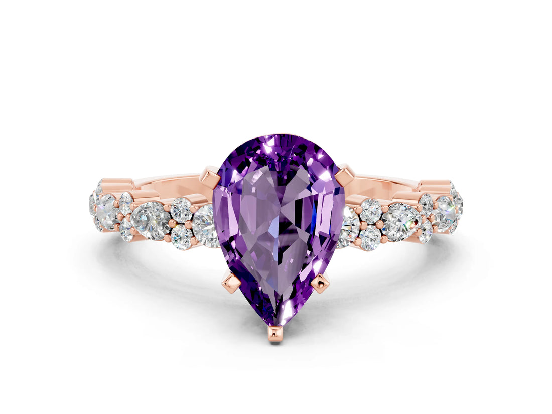 Rose gold Pear Cut Amethyst Solitaire with Side Stones, Pave Band, Four-Prong Setting_36