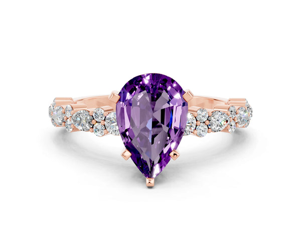 Rose gold Pear Cut Amethyst Side Stone Solitaire Ring with Round  and Four-Prong Setting