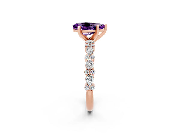 Rose gold Pear Cut Amethyst Side Stone Solitaire Ring with Round  and Four-Prong Setting