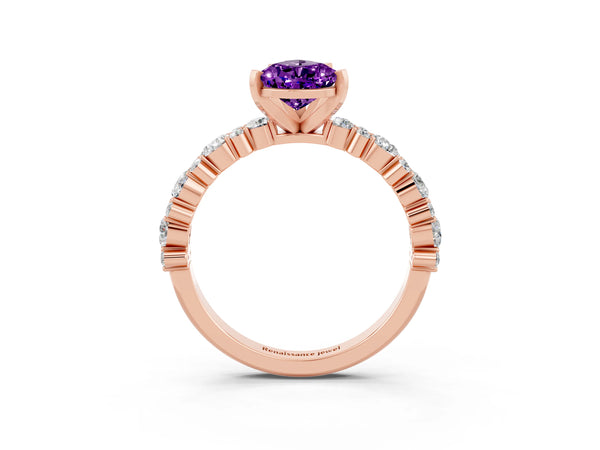 Rose gold Pear Cut Amethyst Side Stone Solitaire Ring with Round  and Four-Prong Setting