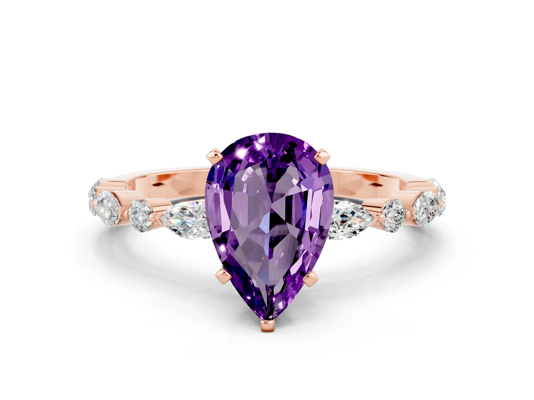 Rose gold Pear Cut Amethyst Solitaire with Side Stones on a Pavé Band and Four-Prong Setting