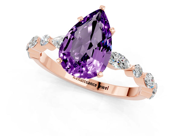Rose gold Pear Cut Amethyst Ring with Marquise and Round  Side Stones and Four-Prong Setting