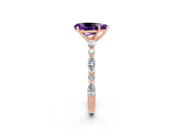 Rose gold Pear Cut Amethyst Ring with Marquise and Round  Side Stones and Four-Prong Setting